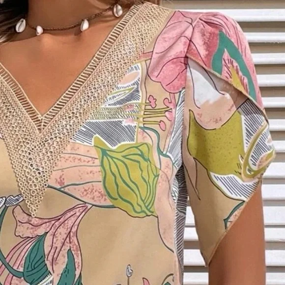 Boho Floral Print Petal Sleeve Shirt Top Blouse - Picture 6 of 8